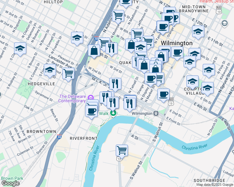 map of restaurants, bars, coffee shops, grocery stores, and more near 400 Martin Luther King Jr. Boulevard in Wilmington
