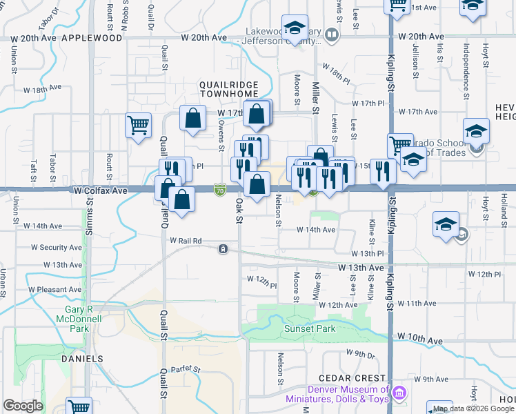 map of restaurants, bars, coffee shops, grocery stores, and more near 10750 West Colfax Avenue in Lakewood