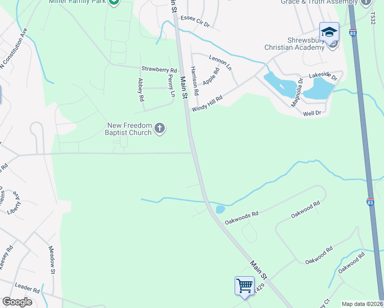 map of restaurants, bars, coffee shops, grocery stores, and more near 16622 Main Street in New Freedom