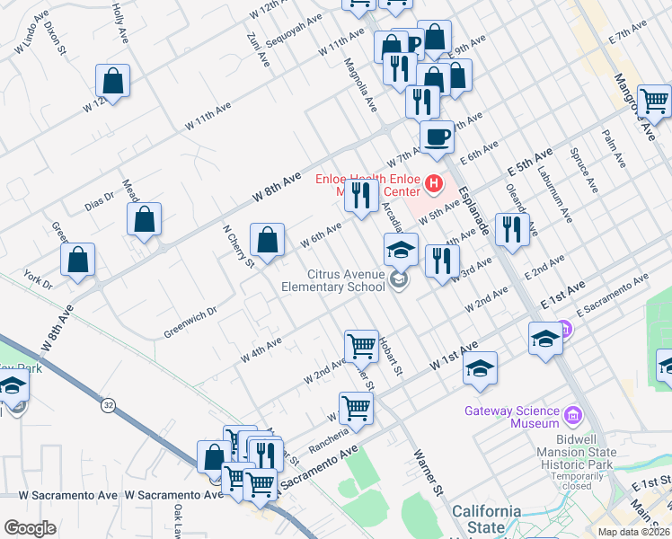 map of restaurants, bars, coffee shops, grocery stores, and more near 1467 Hobart Street in Chico