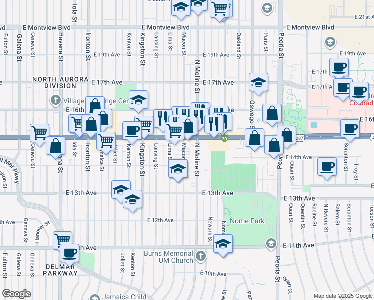 map of restaurants, bars, coffee shops, grocery stores, and more near 1438 Macon Street in Aurora