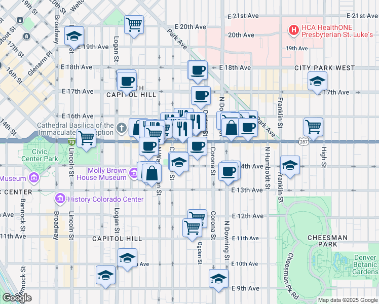 map of restaurants, bars, coffee shops, grocery stores, and more near 1440 Emerson Street in Denver