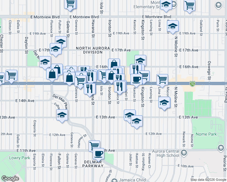 map of restaurants, bars, coffee shops, grocery stores, and more near in Aurora