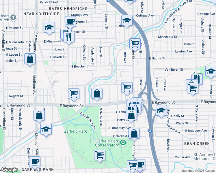 map of restaurants, bars, coffee shops, grocery stores, and more near 2104 Napoleon St in Indianapolis