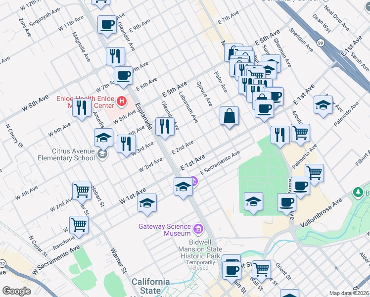 map of restaurants, bars, coffee shops, grocery stores, and more near 199 East 2nd Avenue in Chico