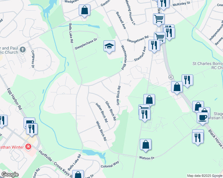 map of restaurants, bars, coffee shops, grocery stores, and more near 7 River Birch Road in Washington Township