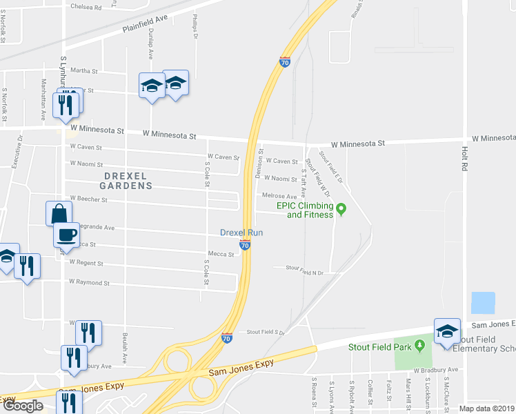 map of restaurants, bars, coffee shops, grocery stores, and more near 4630 West Beecher Street in Indianapolis