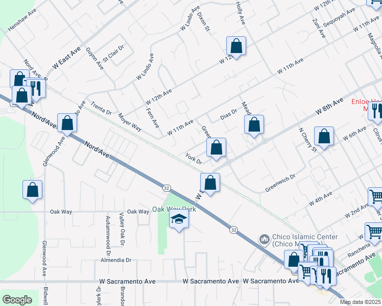 map of restaurants, bars, coffee shops, grocery stores, and more near 1052 Windsor Way in Chico