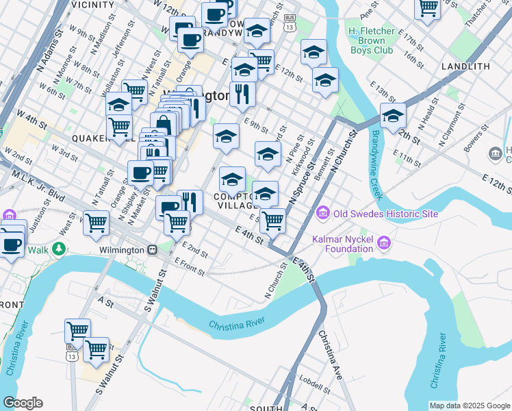 map of restaurants, bars, coffee shops, grocery stores, and more near 518 East 6th Street in Wilmington