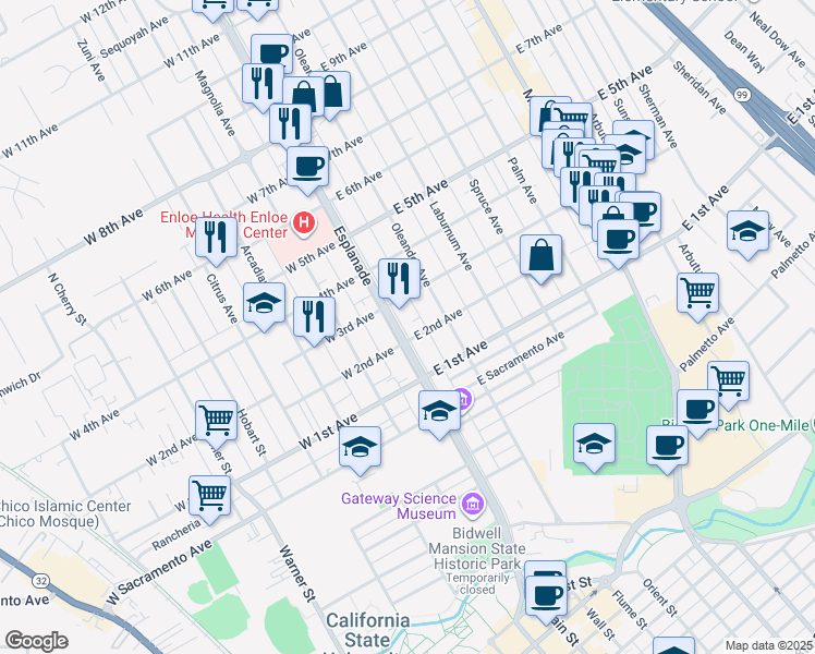 map of restaurants, bars, coffee shops, grocery stores, and more near 1230 Esplanade in Chico