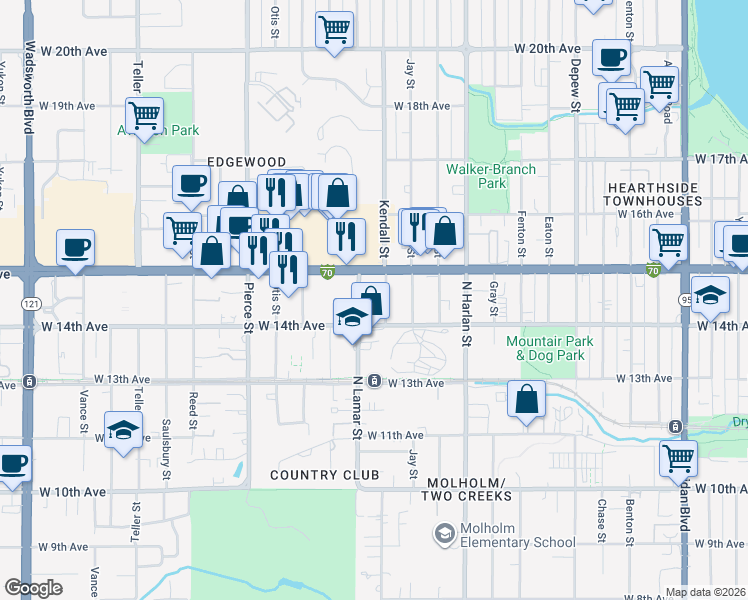 map of restaurants, bars, coffee shops, grocery stores, and more near 1450 Kendall Street in Denver