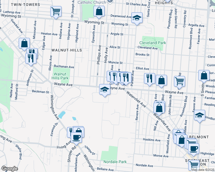 map of restaurants, bars, coffee shops, grocery stores, and more near 2712 Wayne Avenue in Dayton