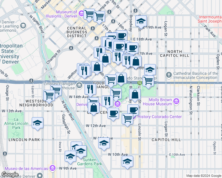 map of restaurants, bars, coffee shops, grocery stores, and more near 1451 Bannock Street in Denver