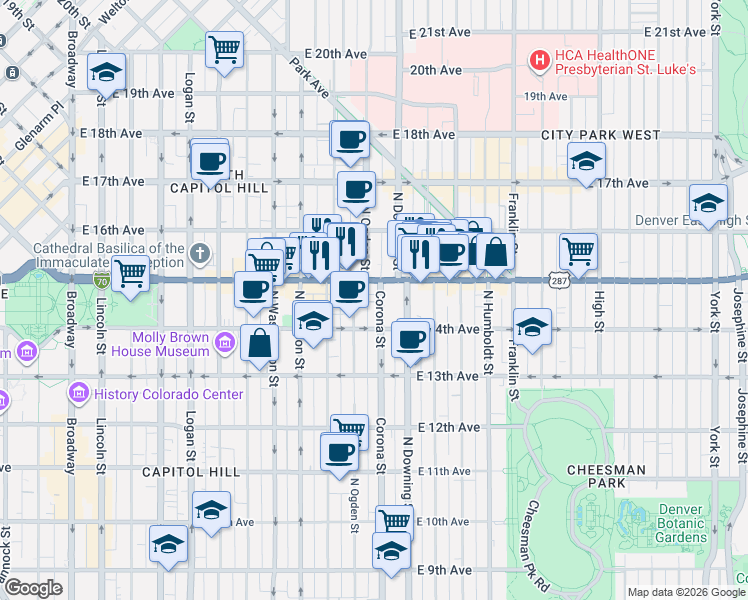 map of restaurants, bars, coffee shops, grocery stores, and more near 1457 Corona Street in Denver