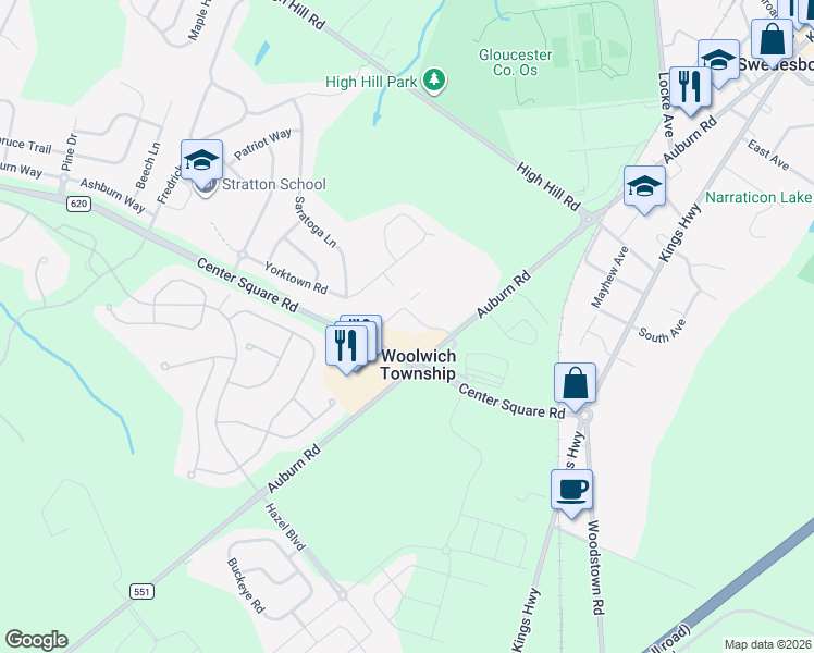 map of restaurants, bars, coffee shops, grocery stores, and more near 121 Center Square Road in Woolwich Township