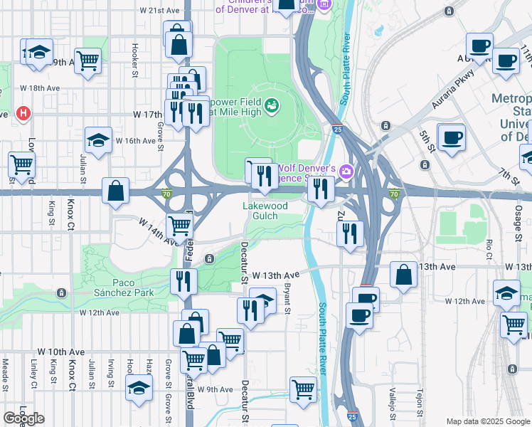 map of restaurants, bars, coffee shops, grocery stores, and more near 1400 Decatur Street in Denver