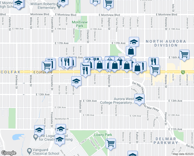 map of restaurants, bars, coffee shops, grocery stores, and more near 1480 Clinton St in Aurora