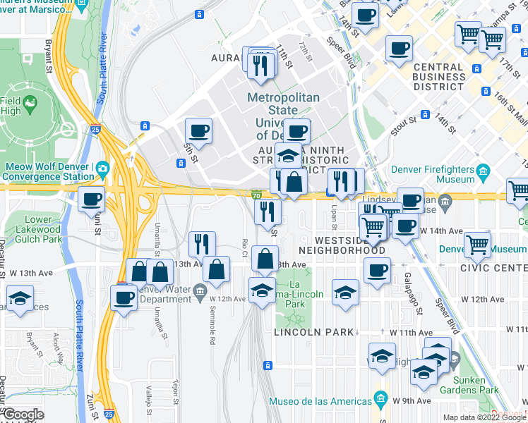 map of restaurants, bars, coffee shops, grocery stores, and more near 1408 West Colfax Avenue in Denver