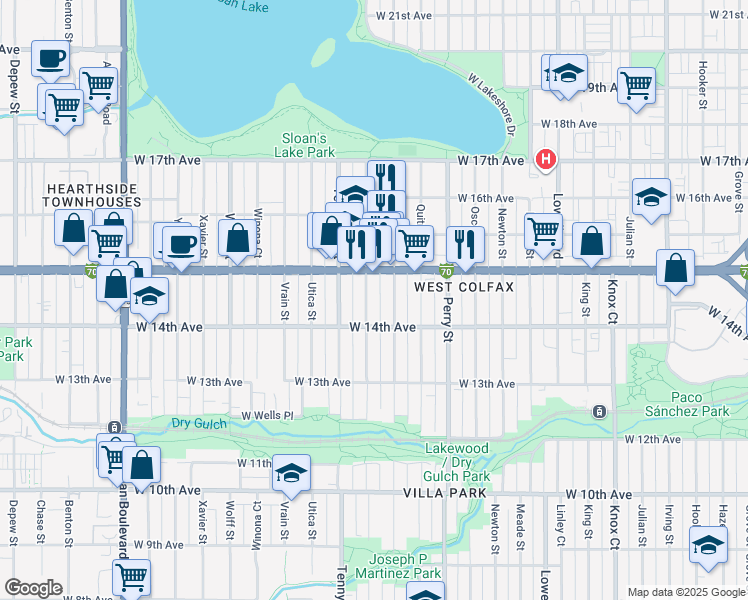 map of restaurants, bars, coffee shops, grocery stores, and more near 1444 Stuart Street in Denver