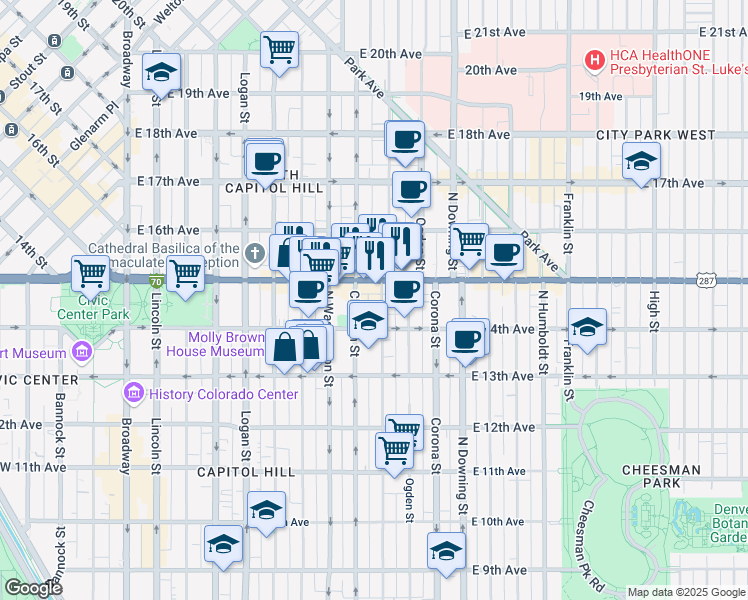 map of restaurants, bars, coffee shops, grocery stores, and more near in Denver