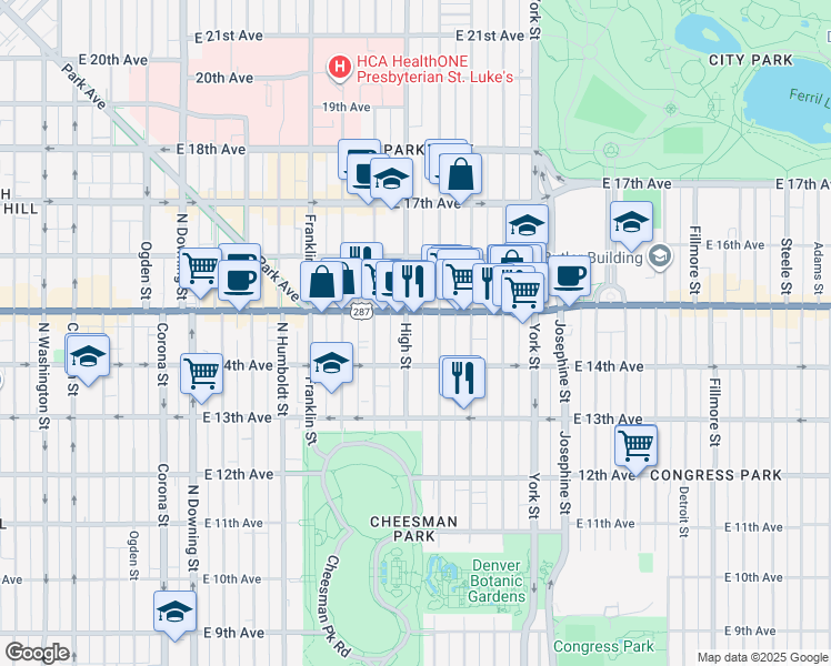 map of restaurants, bars, coffee shops, grocery stores, and more near 1457 Race Street in Denver