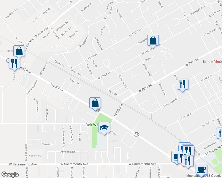 map of restaurants, bars, coffee shops, grocery stores, and more near 1052 Windsor Way in Chico