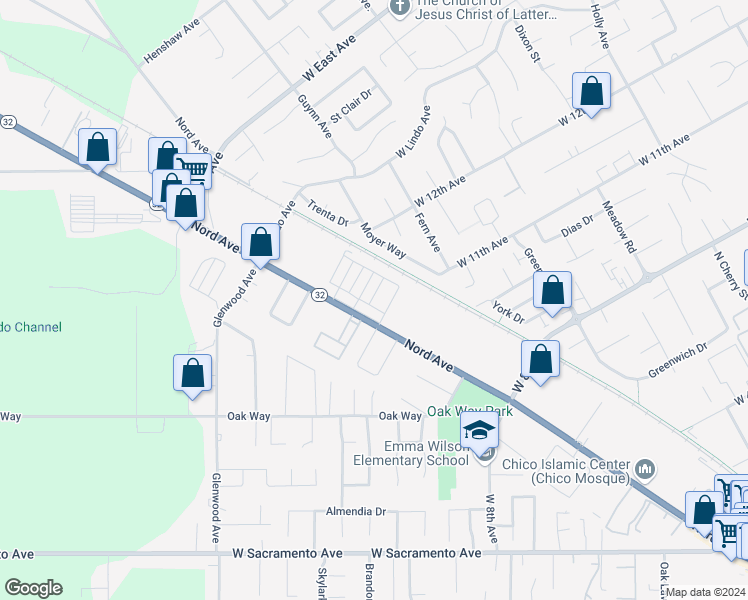 map of restaurants, bars, coffee shops, grocery stores, and more near 1332 Rossetti Lane in Chico
