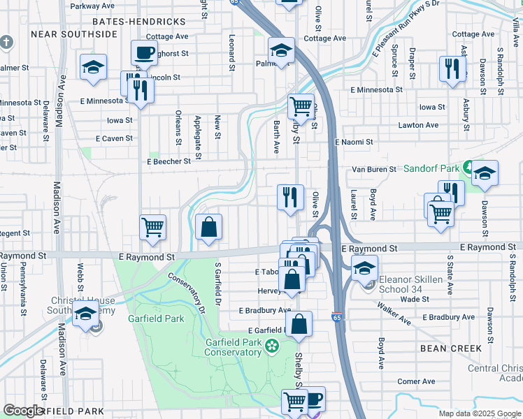 map of restaurants, bars, coffee shops, grocery stores, and more near 2101 Ringgold Avenue in Indianapolis