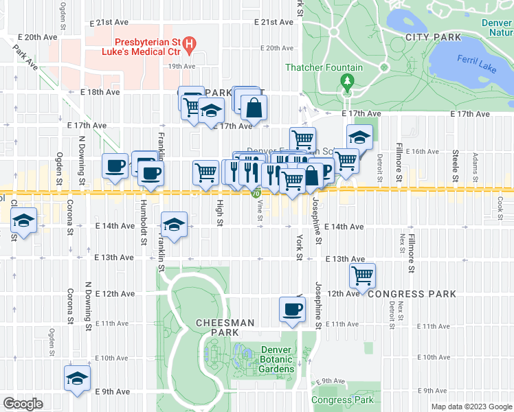 map of restaurants, bars, coffee shops, grocery stores, and more near 1453 Vine Street in Denver