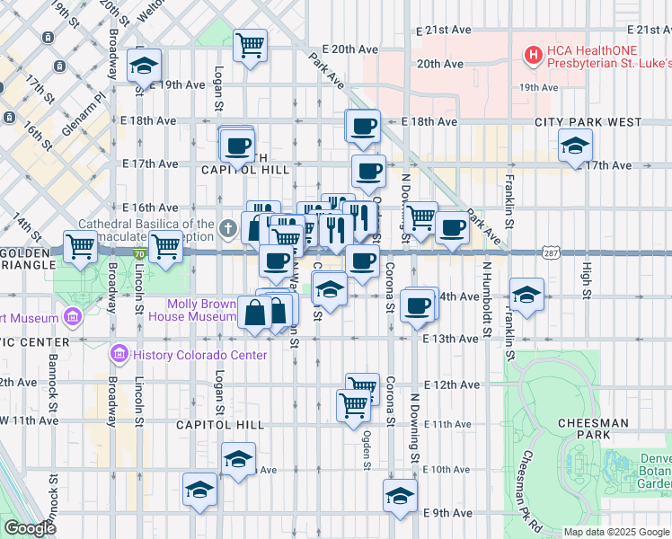 map of restaurants, bars, coffee shops, grocery stores, and more near in Denver
