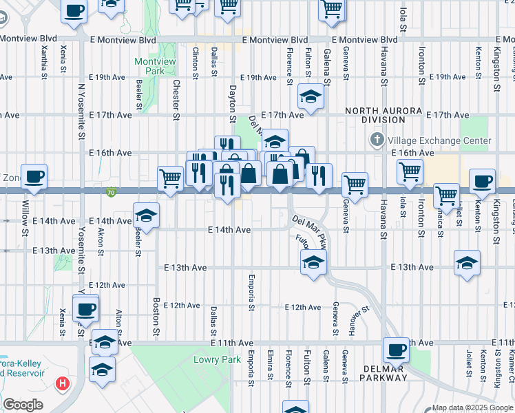 map of restaurants, bars, coffee shops, grocery stores, and more near 1470 Emporia Street in Aurora