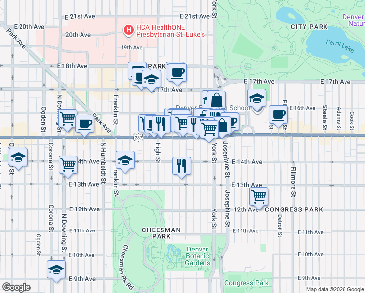 map of restaurants, bars, coffee shops, grocery stores, and more near 1453 Vine Street in Denver