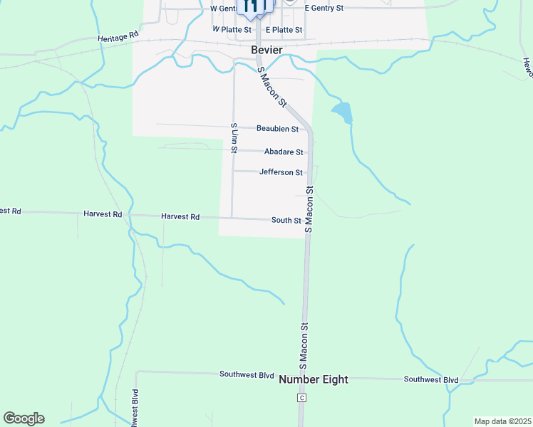 map of restaurants, bars, coffee shops, grocery stores, and more near 115 South Street in Bevier