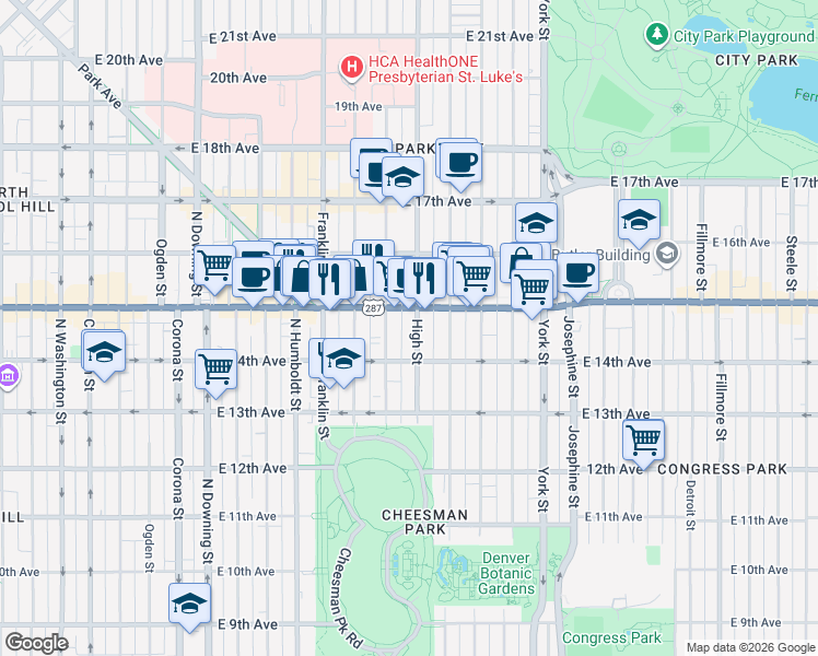 map of restaurants, bars, coffee shops, grocery stores, and more near 2024 U.S. 287 in Denver