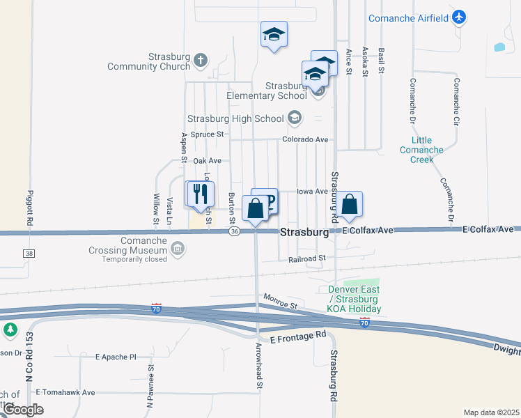 map of restaurants, bars, coffee shops, grocery stores, and more near 56473 Westview Avenue in Strasburg