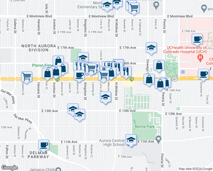 map of restaurants, bars, coffee shops, grocery stores, and more near 1480 Lima Street in Aurora
