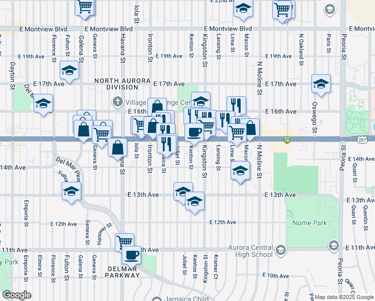 map of restaurants, bars, coffee shops, grocery stores, and more near in Aurora