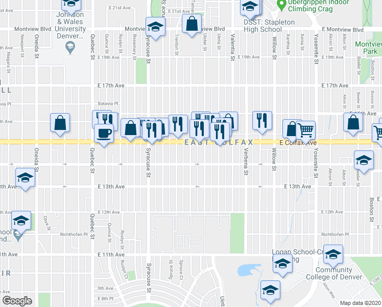 map of restaurants, bars, coffee shops, grocery stores, and more near 1444 Tamarac Street in Denver