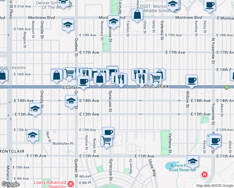 map of restaurants, bars, coffee shops, grocery stores, and more near 1441 Spruce Street in Denver