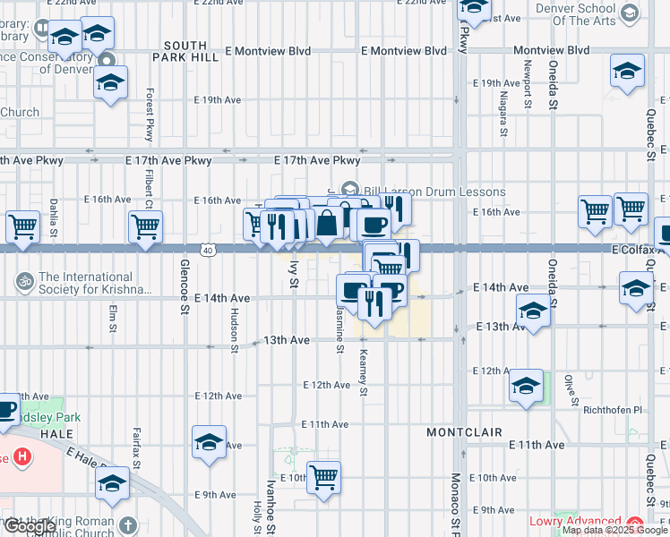 map of restaurants, bars, coffee shops, grocery stores, and more near 1454 Jersey Street in Denver