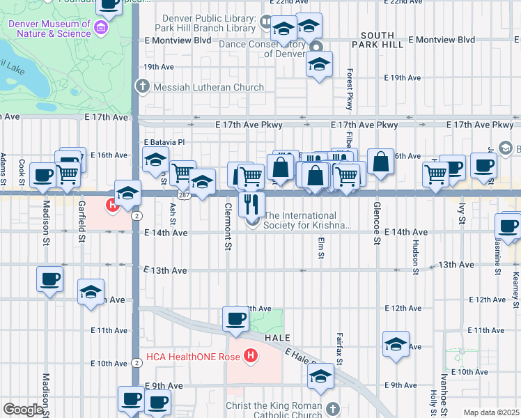 map of restaurants, bars, coffee shops, grocery stores, and more near 1474 Dexter Street in Denver