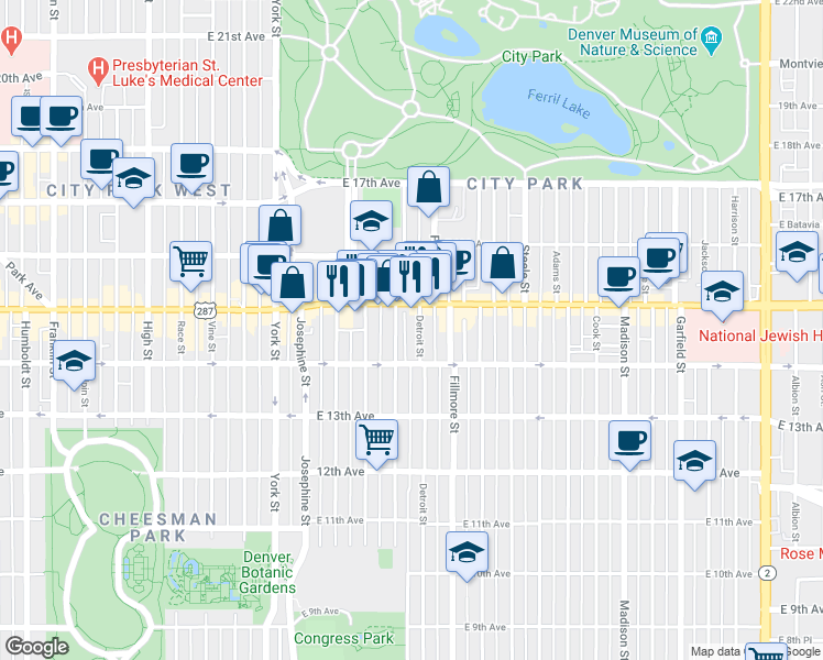 map of restaurants, bars, coffee shops, grocery stores, and more near 1460 Clayton Street in Denver