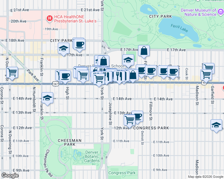 map of restaurants, bars, coffee shops, grocery stores, and more near 2424 East Colfax Avenue in Denver