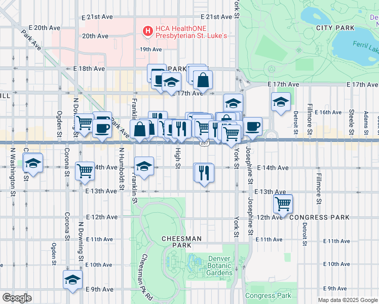 map of restaurants, bars, coffee shops, grocery stores, and more near 1457 Race Street in Denver