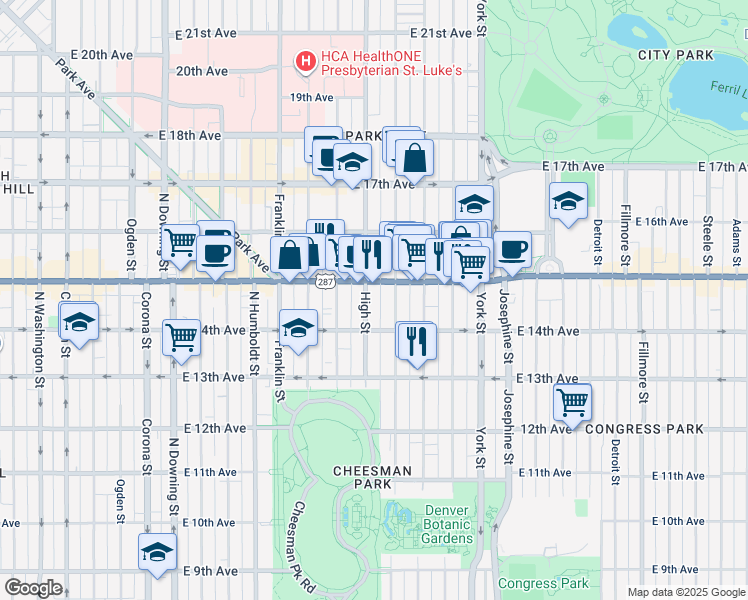 map of restaurants, bars, coffee shops, grocery stores, and more near 1457 Race Street in Denver