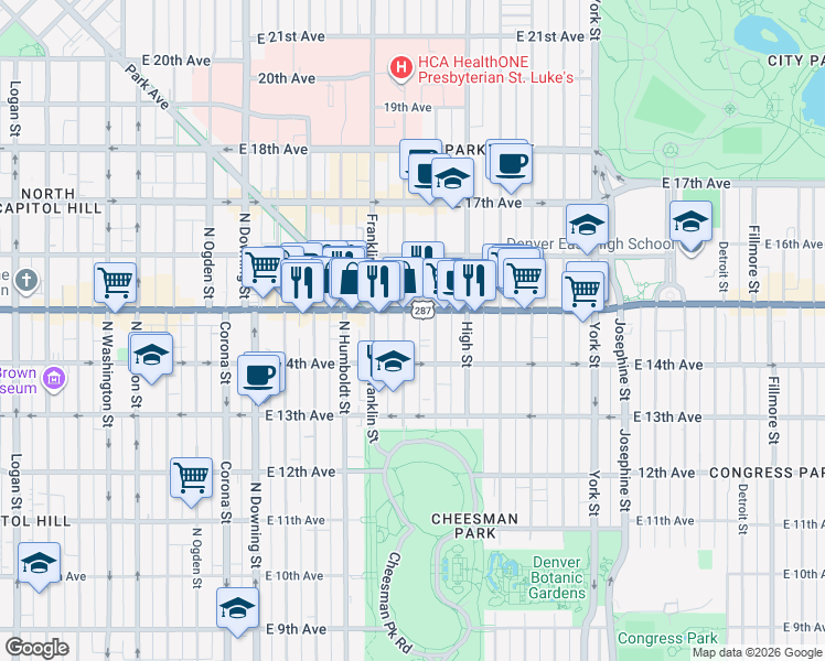 map of restaurants, bars, coffee shops, grocery stores, and more near in Denver
