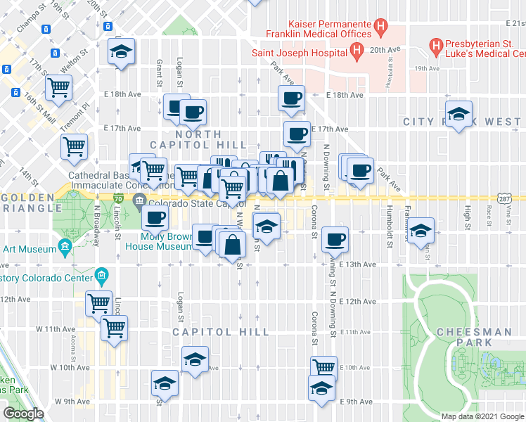 map of restaurants, bars, coffee shops, grocery stores, and more near in Denver