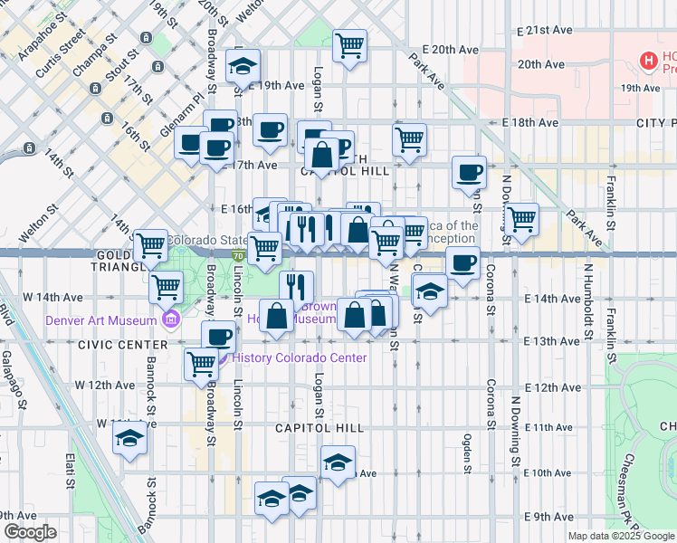 map of restaurants, bars, coffee shops, grocery stores, and more near 1450 Logan Street in Denver