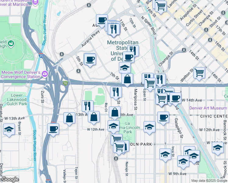 map of restaurants, bars, coffee shops, grocery stores, and more near 1408 West Colfax Avenue in Denver