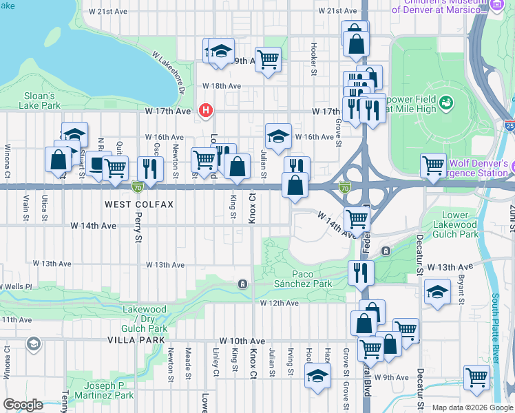 map of restaurants, bars, coffee shops, grocery stores, and more near 1455 Julian Street in Denver